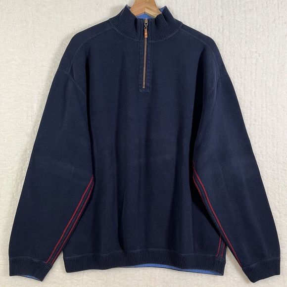 Tommy Bahama Navy Blue & Blue 1/4 Zip Reversible Pullover Long Sleeve Sweater L - Picture 1 of 8